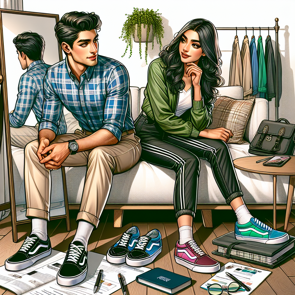 Create an illustrative image comprising of a fashionable scenario showing a man and a woman preparing for a casual job interview. The man is of Hispanic descent, dressed in a well-fitted blue plaid shirt with khaki trousers, and sporting clean Vans sneakers. The woman is of Middle-Eastern descent, showcasing her unique style with a trendy green jacket, black jeans, and vibrant Vans slip-ons. They both glance at the mirror, reflecting contentment and anticipation. A table near them lays scattered with trendy job interview essentials- a notepad, pen, resume and a motivational book.