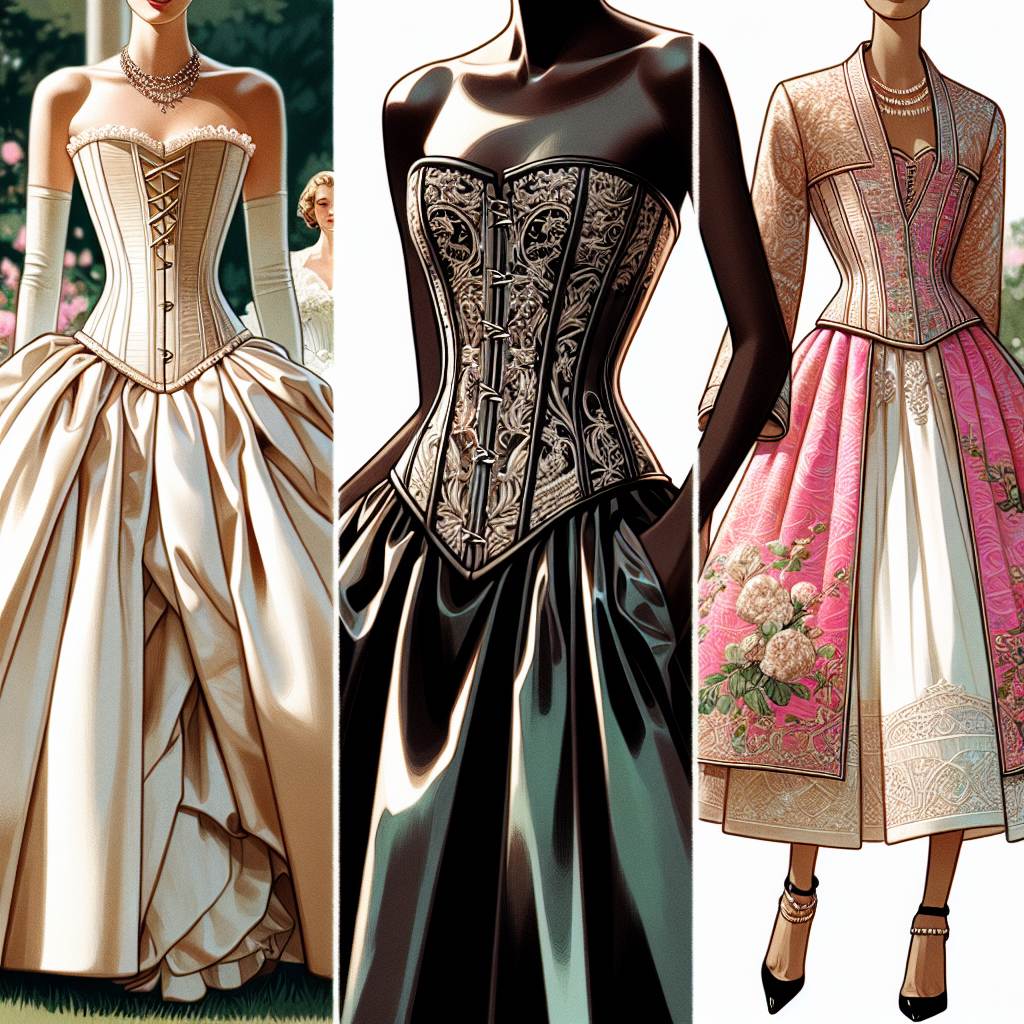 Corset Top Styles: Stunning Looks for Any Wedding! A detailed visual exploration of various corset top styles. One image displaying a classic, Victorian-era inspired, lace-up corset top, ivory in color paired with a voluminous satin skirt. Another image showcasing a modern, black leather corset with intricate silver detailing, paired with a sleek, fitted gown. A third image exploring a playful fusion style - a pink brocade corset with Asian design influences, along with a tea-length A-line skirt. Each model showcasing the corset is of a different descent: one Caucasian, one Black, and one of Middle-Eastern origin. All three are at a sophisticated garden wedding.