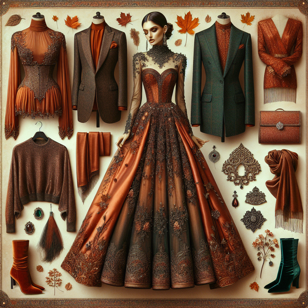 Stunning Outfits for Formal November Weddings Envision a sartorial showcase of stunning outfits ideal for formal bridal events that occur in November. Dip into the canvas with deep autumnal hues, like burnt orange silk, emerald green velvet, and rich burgundy lace. Imagine a wide collection including an elegant long-sleeved gown adorned with intricate silver accents, a stylish tweed suit perfectly fitted to a black gentleman and a chic ethnic saree draped on a South Asian woman. Also highlight accessories - velvety shawls, elegant leather boots, and delicate jewelry, encapsulating the essence of late autumn elegance.