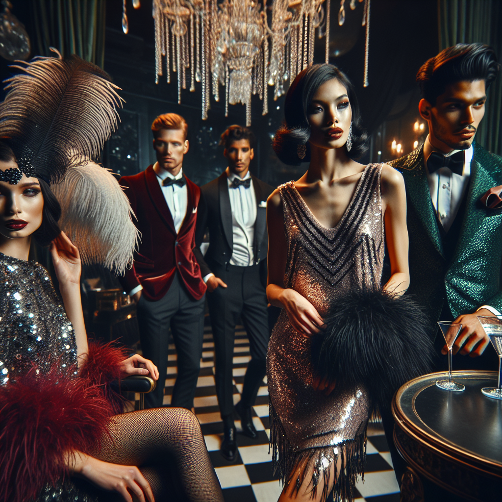 Imagine a luxurious scene of a fashionable cabaret. The room is filled with individuals of various descents including South Asian, Hispanic, White, and Black, dressed in stunning, effortlessly chic outfits. A woman of Hispanic descent dazzles in a vintage, black sequined dress, while a stylish man of South Asian origin wears a crisp, ruby-toned tuxedo. In one corner, a woman of Caucasian descent impresses in a lustrous silver flapper dress, paired with a vibrant feather boa. Nearby, a man of Black descent exudes elegance in a suave emerald green suit. The ambiance is dazzling and filled with the music of the 1920s.