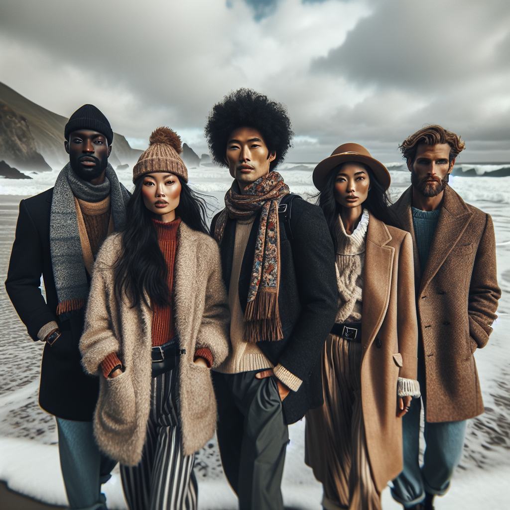 Picture a cold beach with energetic waves crashing on the shoreline, cloudy skies enveloping the horizon. On this scenic backdrop, imagine a fashionable gathering of four individuals, each representing a different ethnicity: a black man, an Asian woman, a Hispanic woman, and a Caucasian man. They are stylishly dressed in chic, cold-weather beach outfits, with a trendy blend of warm hues and cozy fabrics. Their attire includes stylish jackets, trendy scarves, unique hats, and fashionable boots. The scene emanates an air of effortless elegance and a casual, relaxed vibe despite the chilly weather.