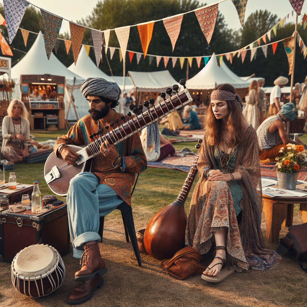 A South Asian man clad in a colorful paisley shirt, blue jeans, and leather sandals, strumming a sitar under a canopy of bright pennant flags. Nearby, a Caucasian woman is wearing a flowing, bohemian-style dress with an earthy color palette, a patterned bandana, and beads in her hair. A Middle Eastern man in a cool, lightweight tunic and a Reshmi roomal cap plays a darbuka. They are surrounded by food stalls, craft booths, and festival-goers of all ages enjoying the music. Picture the setting as an outdoor park with lush greenery and the sun setting in the background.