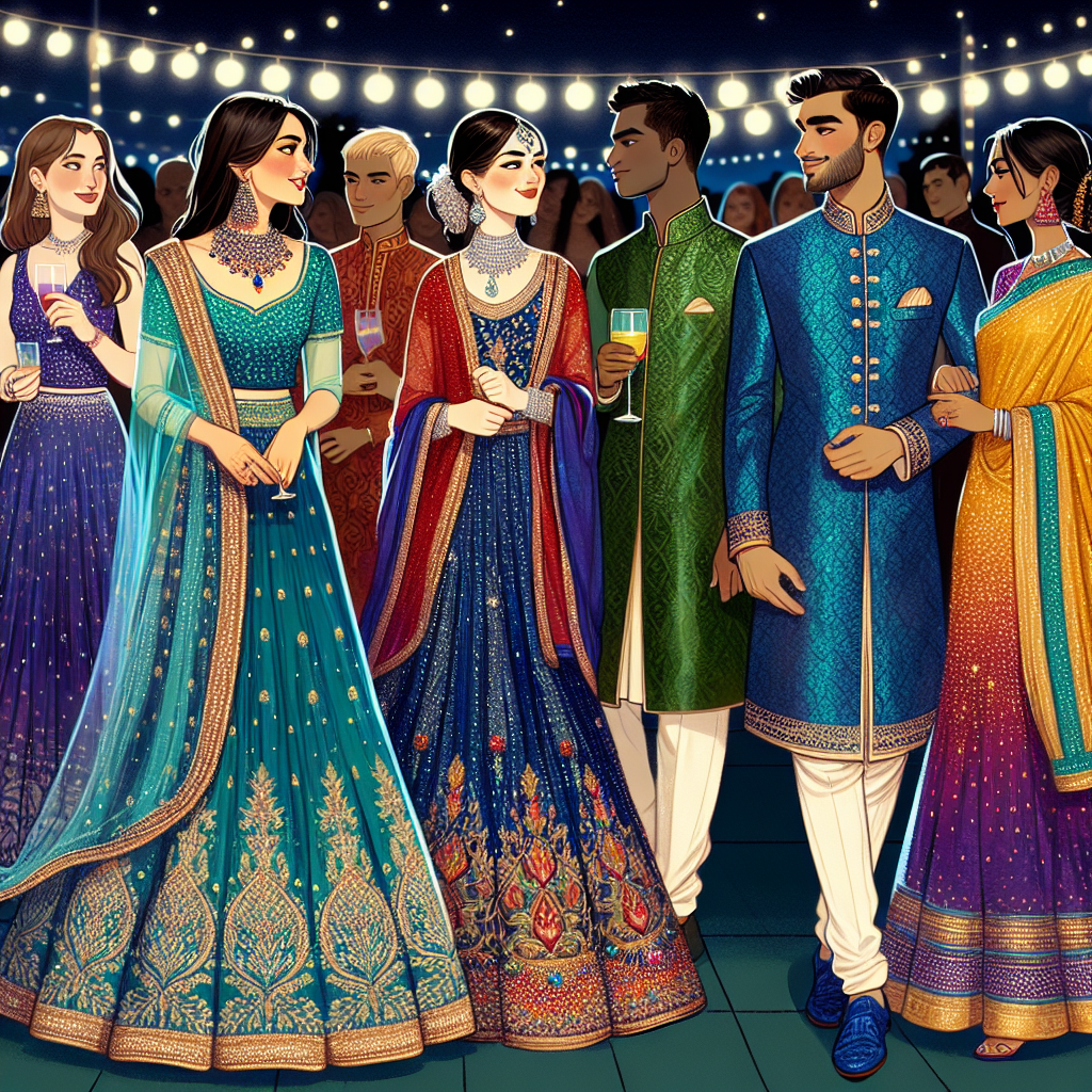 What to Wear for a Sangeet: Stunning & Effortless Styles Illustrate a night time scene at a Sangeet, a traditional Indian pre-wedding celebration. Depict a diverse collection of people dressed elegantly for the event. A South Asian woman in a beautiful turquoise lehenga with intricate gold embroidery, a Black man adorned in a royal blue sherwani with delicate silver patterns. INCLUDE a Hispanic woman in a flowing red Anarkali suit, detailed with multi-colored beadwork, a Middle Eastern man in a satin green Pathani suit. Lastly, a Caucasian woman in a dazzling yellow saree complemented by rich, purple jewel accessories. All guests reflecting the vibrancy and richness of Indian culture.
