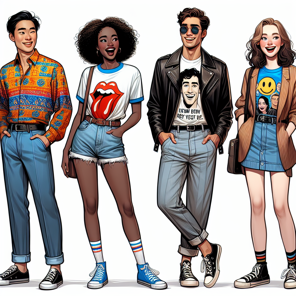 Stunning Outfits for Comedy Shows: Effortless Style An ensemble of four people, each depicting a different style suitable for comedy shows. Person 1, an Asian male, is wearing a vibrant patterned button-down shirt coupled with classic denim jeans. Person 2, a Black female, displays a chic, effortless style with a funny graphic tee and high-waisted shorts. Person 3, a Middle-Eastern male, dons a combination of a cool leather jacket, quirky t-shirt, and chinos. Person 4, a Caucasian female, sports a bold, colorful mini dress paired with comfortable sneakers. They all have expressions of anticipation and gleeful excitement on their faces.