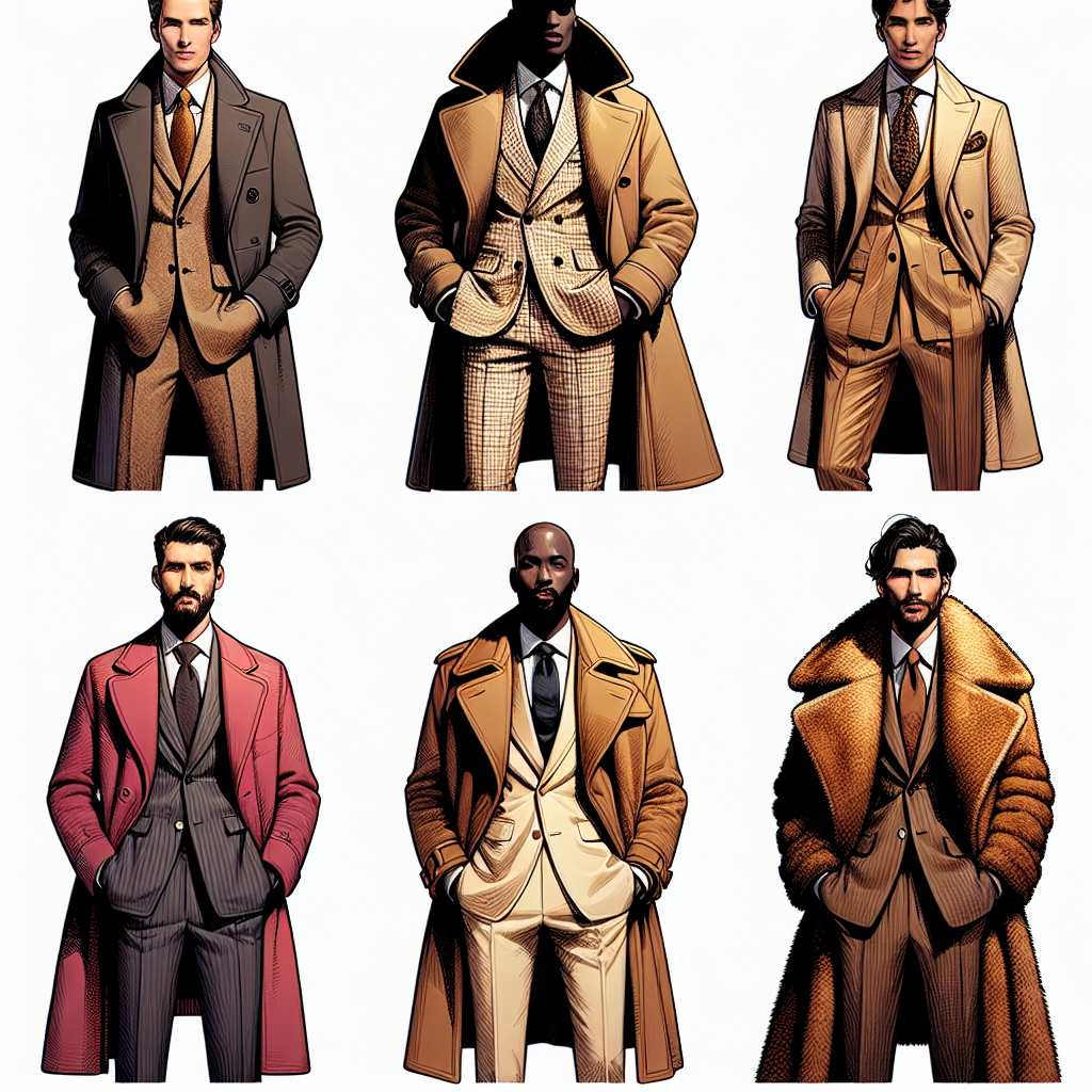 Visualize a range of stunning coat styles suitable for suit ensembles. Show five coat styles: a chic overcoat worn by a White man, a brown luxury peacoat draped by a Black woman, a unique tan trench coat adorning a South Asian individual, a vibrant duffle coat sported by a Hispanic man, and an elegant fur coat donned by a Middle-Eastern woman. The coats should be presented with matching suits in a variety of colors, textures, and patterns, exemplifying a curated selection of best picks in a boutique's showcase.