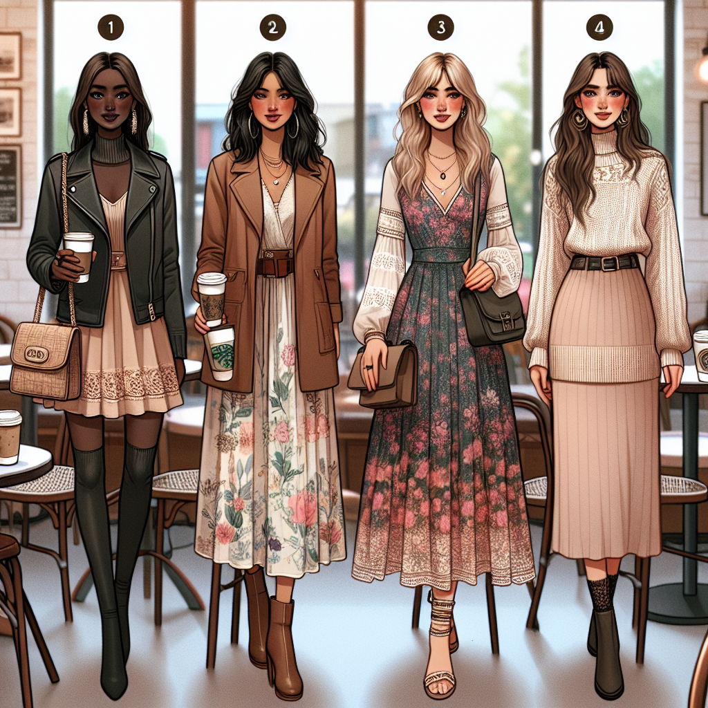 Imagine four distinct coffee date outfits for women in a chic cafe setting. The first lady is a Black woman dressed in classy autumn hues featuring a leather jacket and ankle boots. The second lady is a Middle-Eastern woman donning a chic summer floral dress paired with strappy sandals. The third figure is an Asian woman wearing a boho-inspired spring outfit - colored maxi skirt with a lace blouse and soft pastel accessories. Lastly, picture a Hispanic woman dressed in a sleek, winter attire with a cozy knitted sweater and legging, paired with knee-high boots. Add details such as coffee cups and cafe backdrop for context.