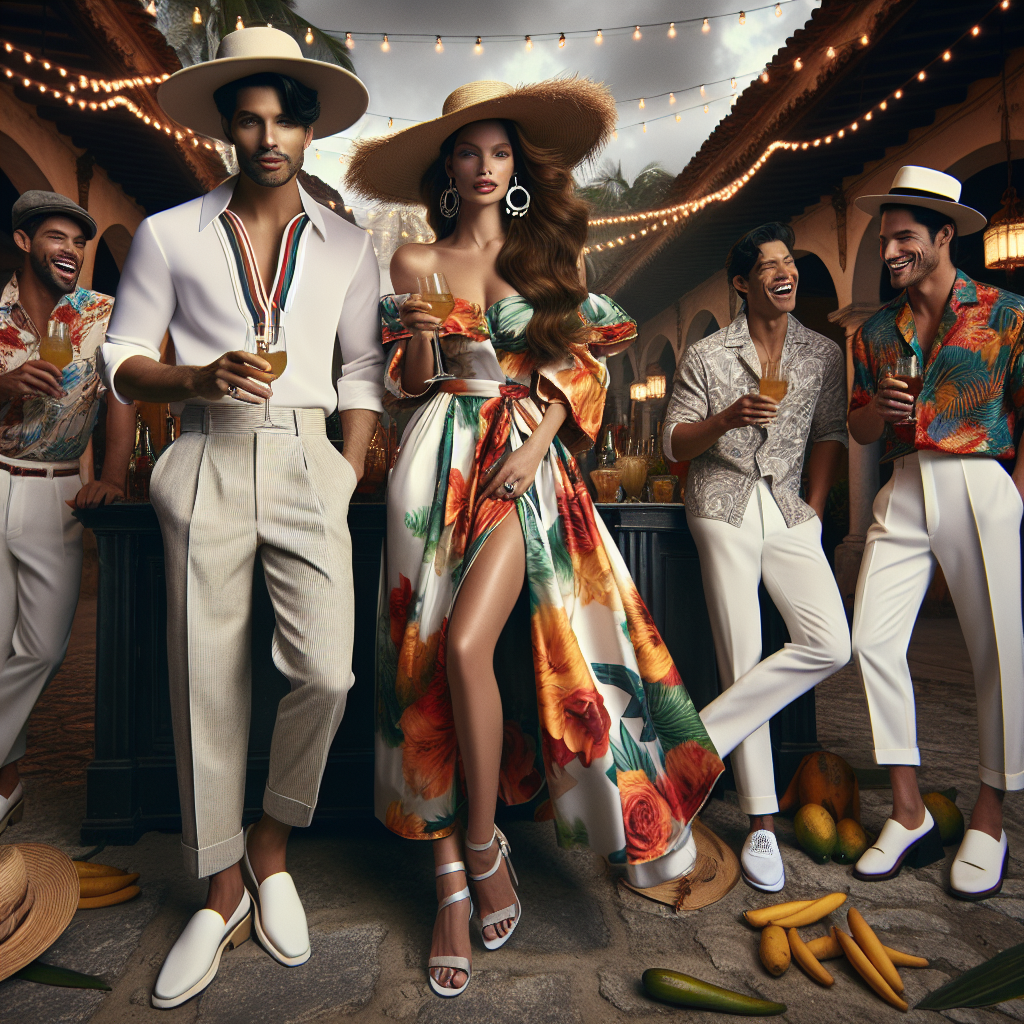 Visualize an impressive ensemble of Havana Nights outfits, ready for a glamorous evening affair. Imagine a South Asian man clad in a crisp white guayabera shirt and linen trousers paired with a classic felt panama hat, standing next to a Caucasian woman adorned in a vibrant, flowing floral dress with large hoop earrings and stylish wedges. A pair of Hispanic men in the background can be seen laughing and toasting, wearing colorful cabana shirts and white pants. The backdrop should hint at a tropical Cuban setting, adorned with strings of lights and rustic local architecture.