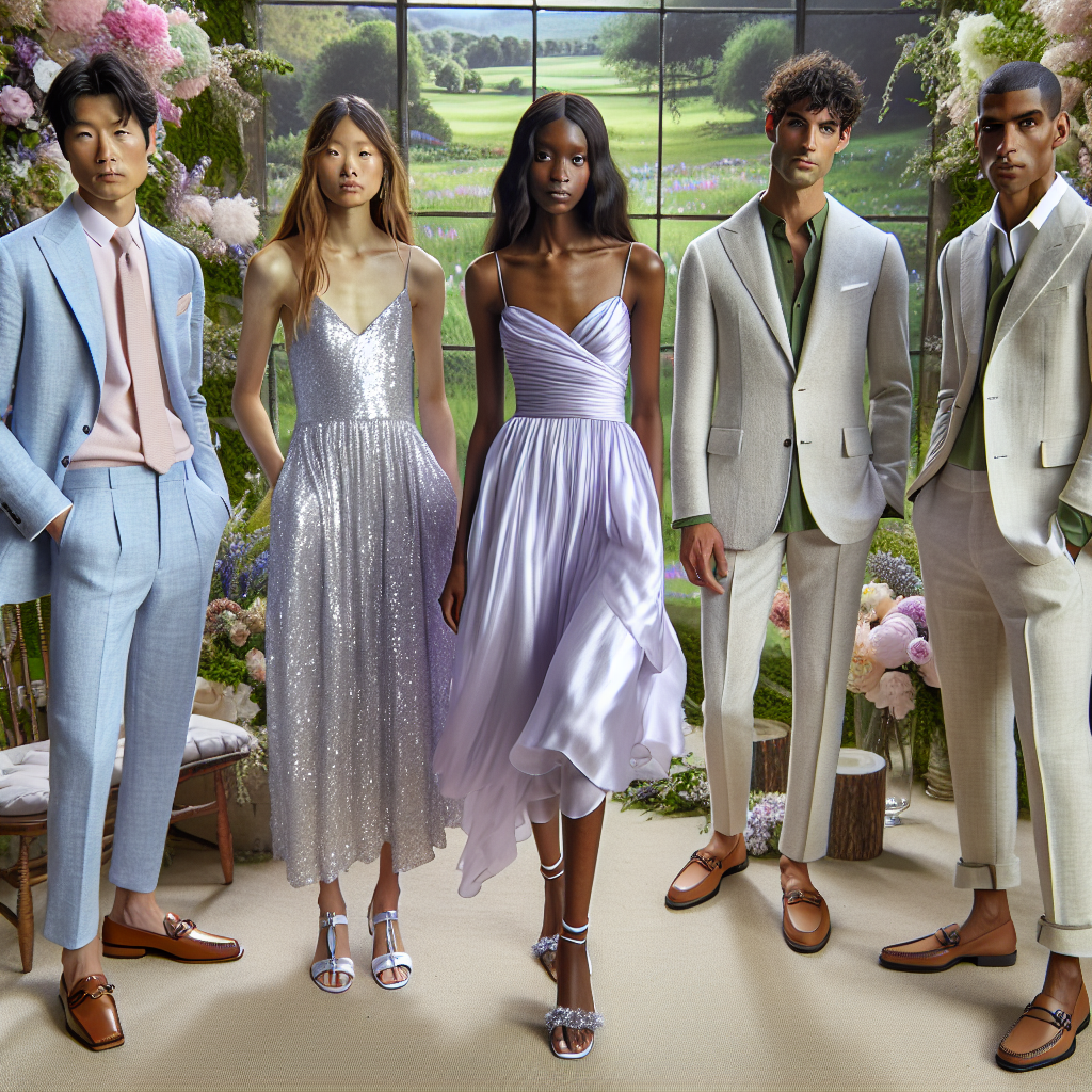 Must-Have Outfits for a Summer Wedding 2024 A beautiful fashion display for summer weddings in 2024. On the left, an East Asian man is sporting a light blue linen suit, a pastel pink silk tie, and brown leather loafers. Next to him, a beautiful Middle Eastern woman in a lavender silk sundress, paired with elegant white heels. On the right side, a Black woman showcasing a sparkling silver sequin cocktail dress matched with black strappy heels. Lastly, an Hispanic man wearing a light beige cotton suit, olive green shirt, and tan loafers. The backdrop consists of a scenic summer garden with blooming flowers and greenery.