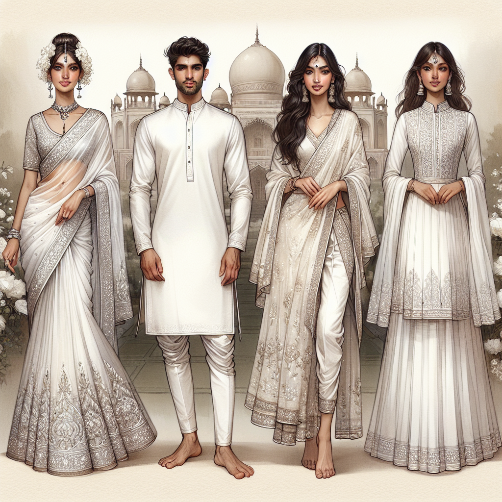 A detailed illustration presenting a set of stunning, elegant outfits designed for Hindu funerals. On the left, a South Asian woman is depicted, draped in an exquisitely embroidered white saree with a delicate silver border, her hair tied in a bun adorned with white flowers. In the center, a Middle Eastern man is portrayed in a crisp white dhoti kurta set, accessorized with a beautiful beige shawl draped casually over his shoulder. On the right, a Hispanic woman is seen, elegantly dressed in a simple yet classy white Anarkali suit, her hair softly styled in loose waves. The background subtly showcases a serene spiritual setting evoking a sense of tranquility and peace.