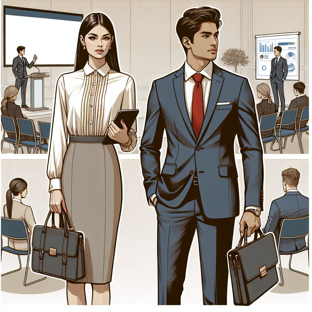 A business formal scene displaying a range of seminar appropriate clothing. On one side, please portray a South Asian man in a well-fitted navy blue suit, white shirt, and red tie, holding a laptop bag. Next to him, illustrate a Hispanic woman wearing a conservative, cream-colored business dress paired with a fitted blazer and high-heeled shoes, holding a smartphone. In the background, show a conference room setting with projector, chairs, and a podium. The color palette should be neutral and professional.