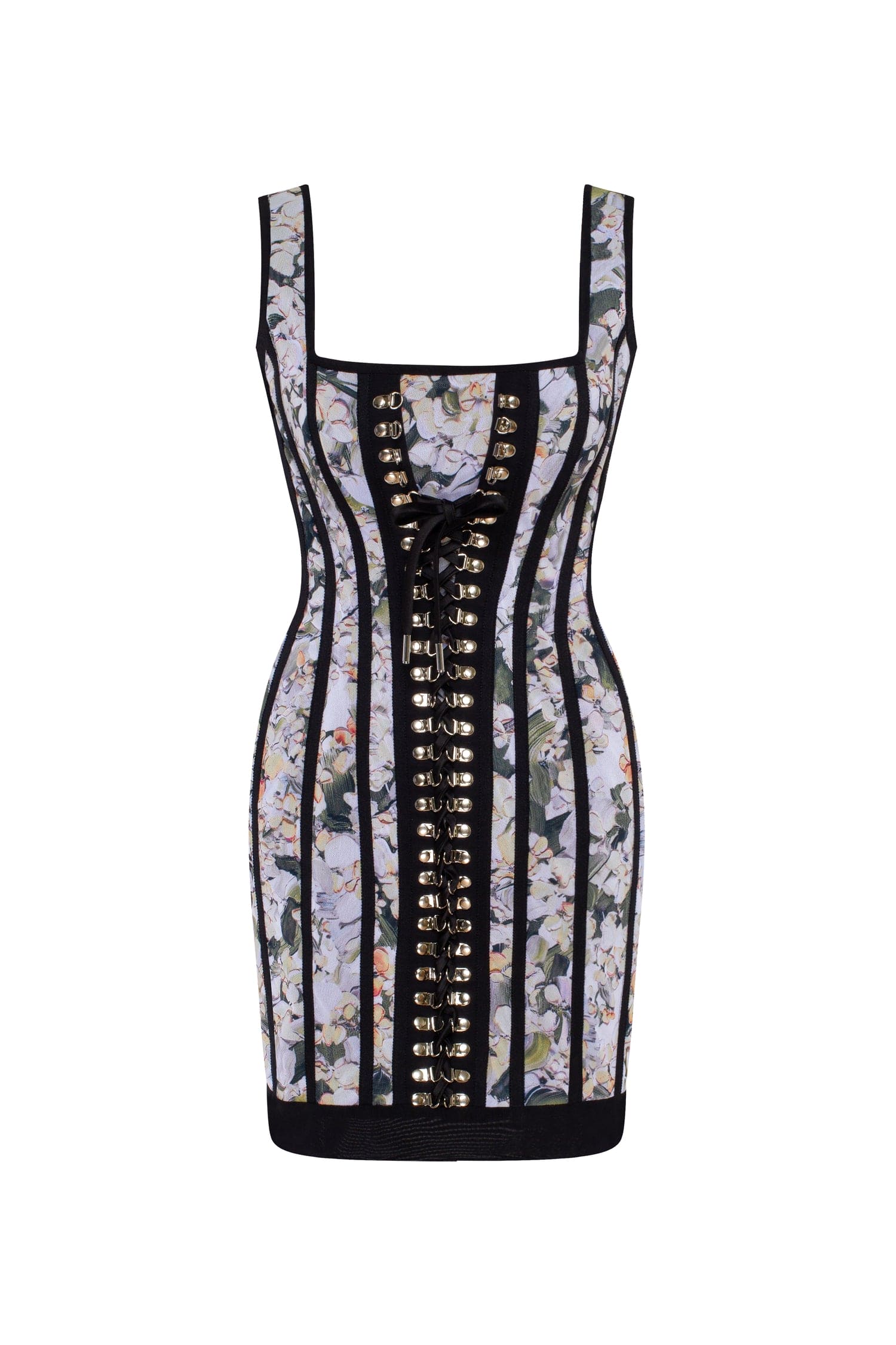 Milla Alluring floral mini dress with bold lace-up hook closure