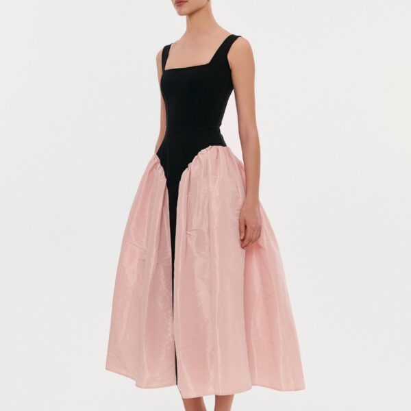 Milla Black corset dress on straps with a glossy pink midi skirt, view 5