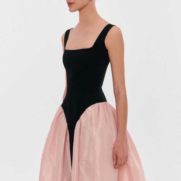 Milla Black corset dress on straps with a glossy pink midi skirt, view 7