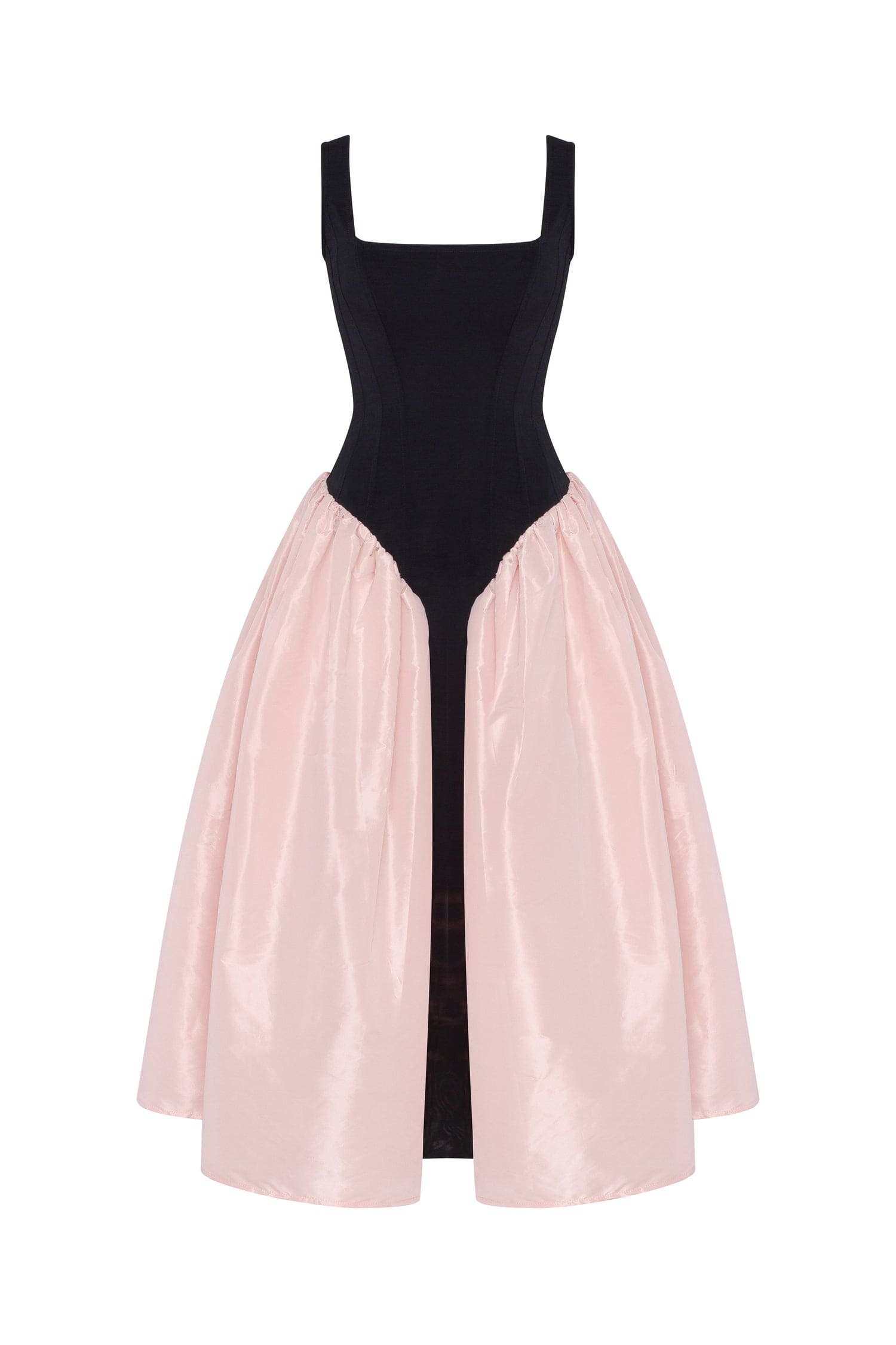 Milla Black corset dress on straps with a glossy pink midi skirt