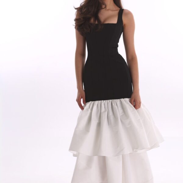 Milla Black fitted maxi dress with white puffy tiered skirt, Parisienne, view 7