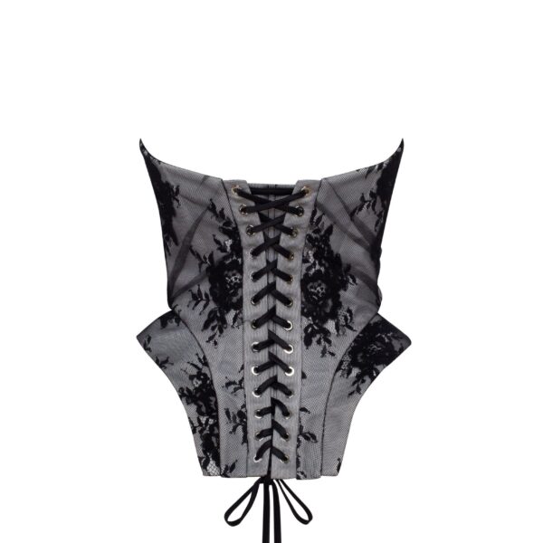 Milla Black lace over the white mesh peplum corset with an oversized bow, Parisienne Top, view 4
