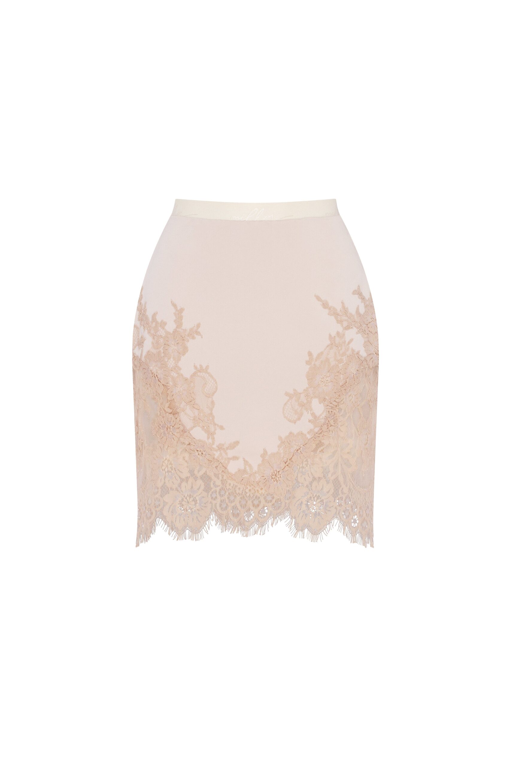 Milla Fitted beige mini skirt adorned with lace Elevate your elegance in this Milla Skirts from the 2025 resort wear edit