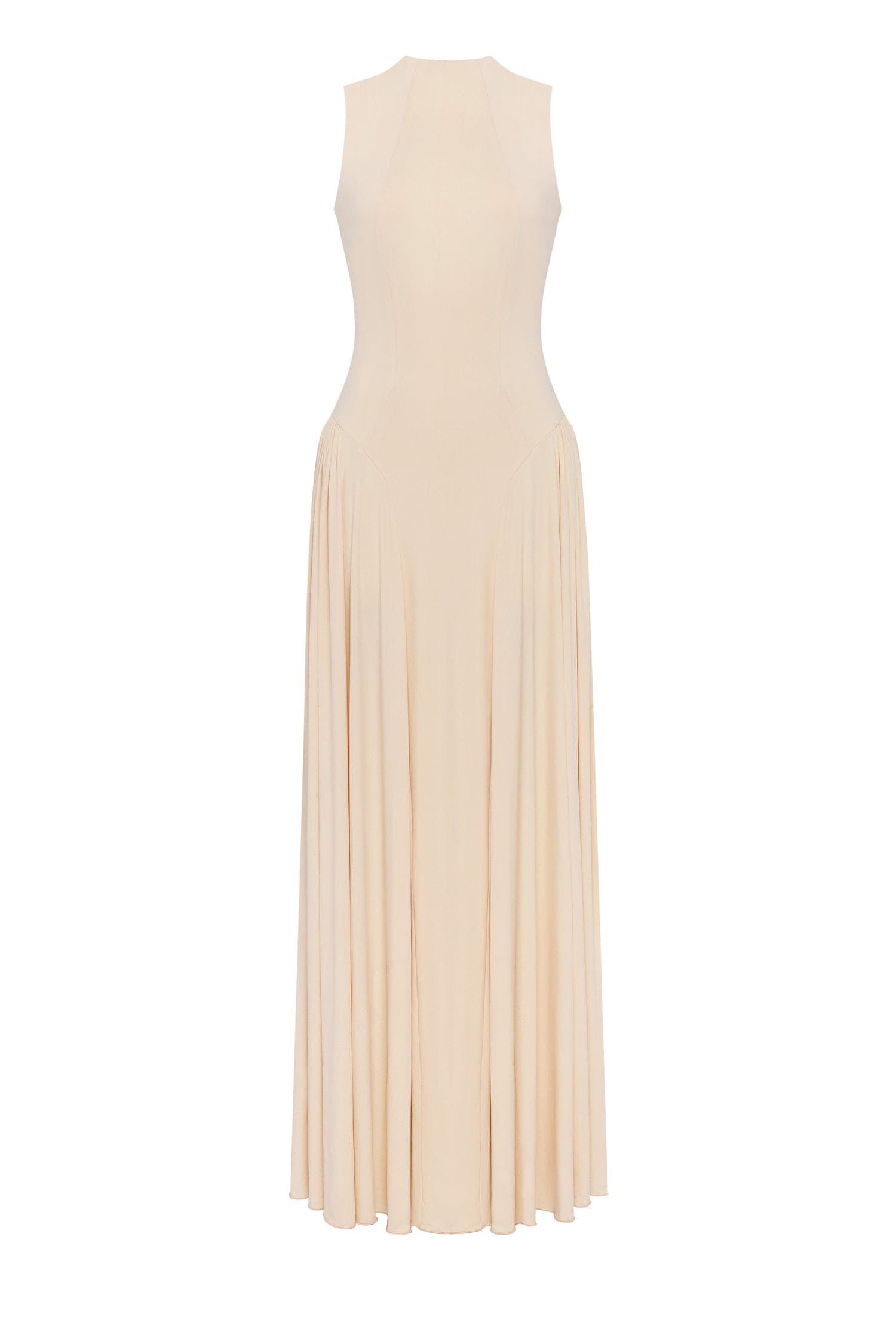 Milla Nude sleeveless mock neck dress with a pleated maxi skirt