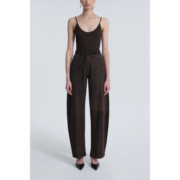 Nour Hammour Pants Color | Barrel Pants Softly Sculpted Suede Pants luxury leather Pants from Luxury Shoes 