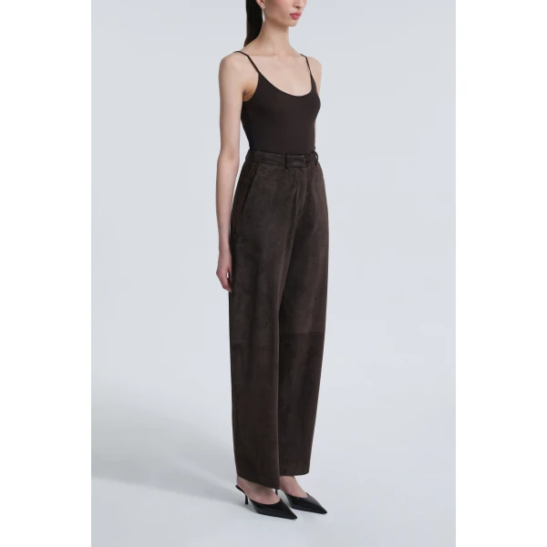 Nour Hammour Pants Color | Barrel Pants Softly Sculpted Suede Pants luxury leather Pants from Luxury Shoes 