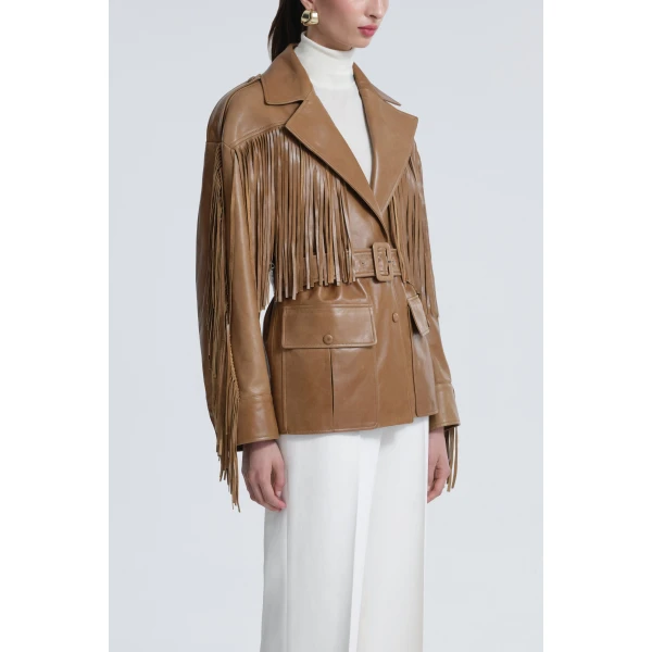 Nour Hammour Jackets Color | Cassidy Oversized Leather Fringe Jacket luxury leather Jackets from Luxury Shoes 