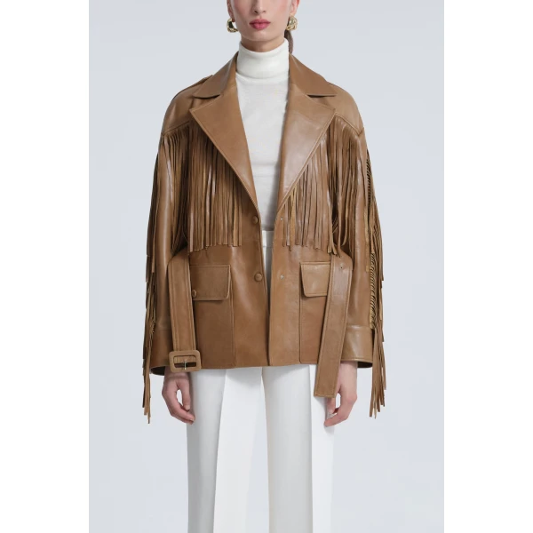 Nour Hammour Jackets Color | Cassidy Oversized Leather Fringe Jacket luxury leather Jackets from Luxury Shoes 