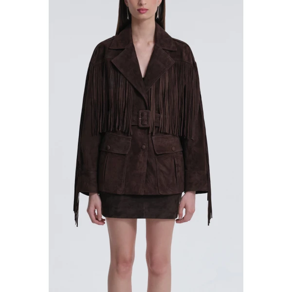 Nour Hammour Jackets Color | Cassidy Suede Fringe Jacket luxury leather Jackets from Luxury Shoes 