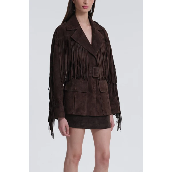 Nour Hammour Jackets Color | Cassidy Suede Fringe Jacket luxury leather Jackets from Luxury Shoes 