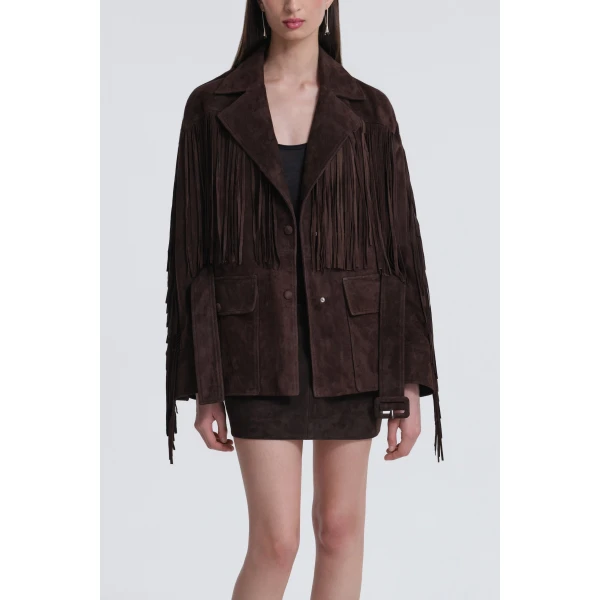 Nour Hammour Jackets Color | Cassidy Suede Fringe Jacket luxury leather Jackets from Luxury Shoes 