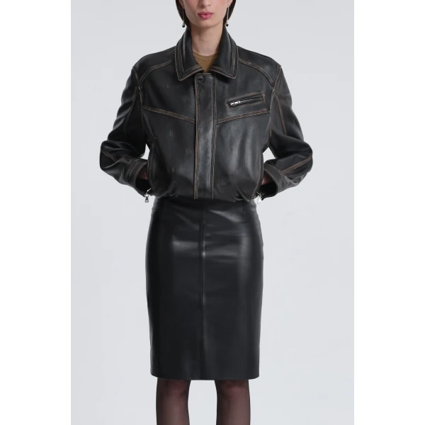 Nour Hammour Jackets Color | Clint Cropped Bomber Jacket luxury leather Jackets from Luxury Shoes 