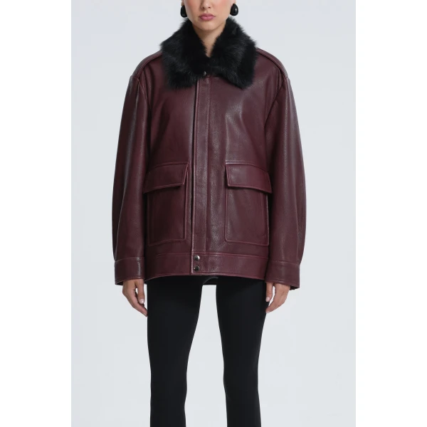 Nour Hammour Jackets Color | Drey Shearling Collar Distressed Jacket luxury leather Jackets from Luxury Shoes 