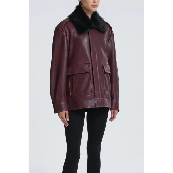 Nour Hammour Jackets Color | Drey Shearling Collar Distressed Jacket luxury leather Jackets from Luxury Shoes 