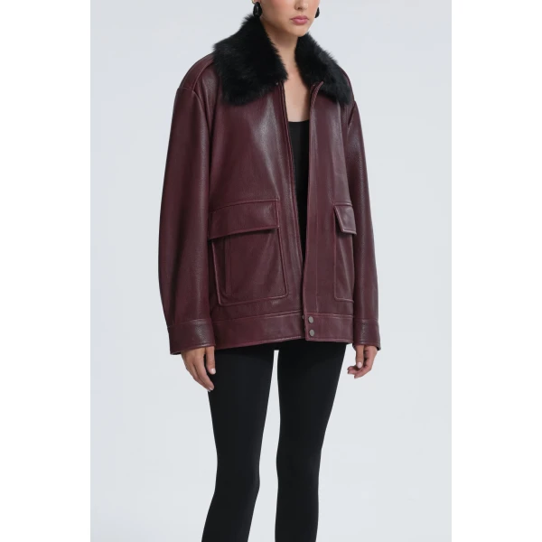 Nour Hammour Jackets Color | Drey Shearling Collar Distressed Jacket luxury leather Jackets from Luxury Shoes 
