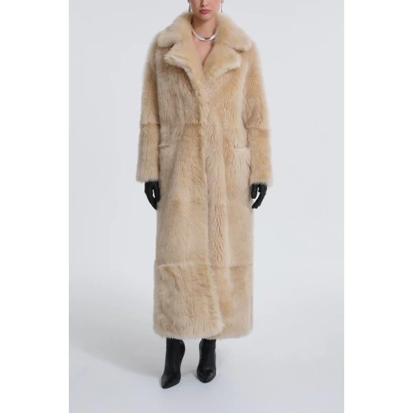 Nour Hammour Coats Color | Evita Long Luxurious Shearling Coat luxury leather Coats from Luxury Shoes 