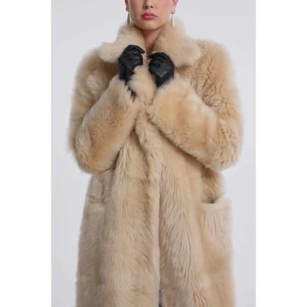 Nour Hammour Coats Color | Evita Long Luxurious Shearling Coat luxury leather Coats from Luxury Shoes 