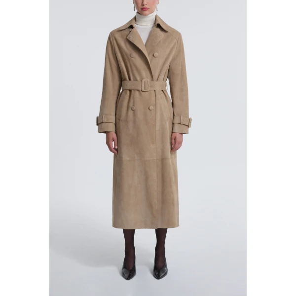 Nour Hammour Coats Color | Tate Tailored Suede Trench luxury leather Coats from Luxury Shoes 