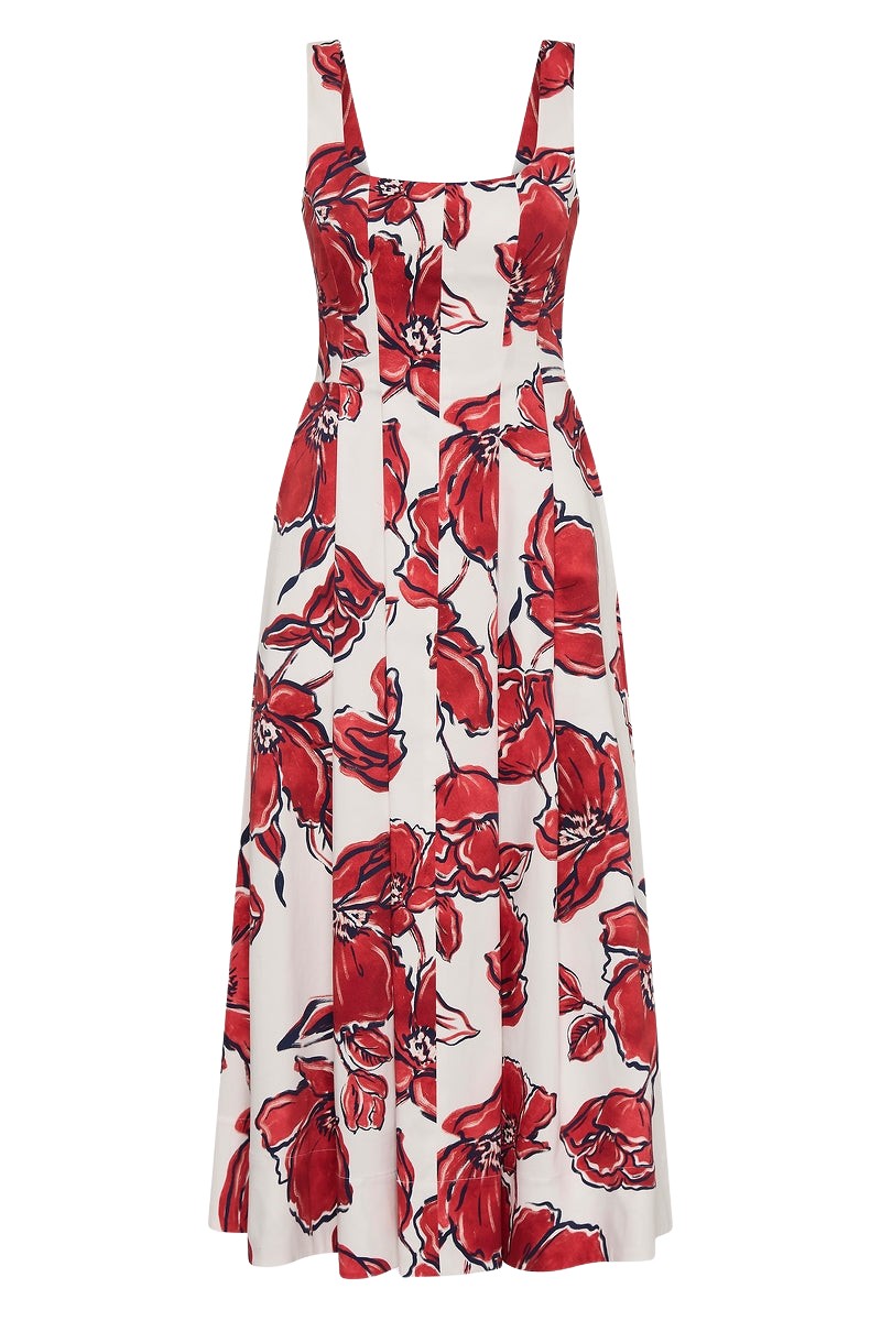 Carla Zampatti Crimson Bouquet Sateen Panelled Midi Dress