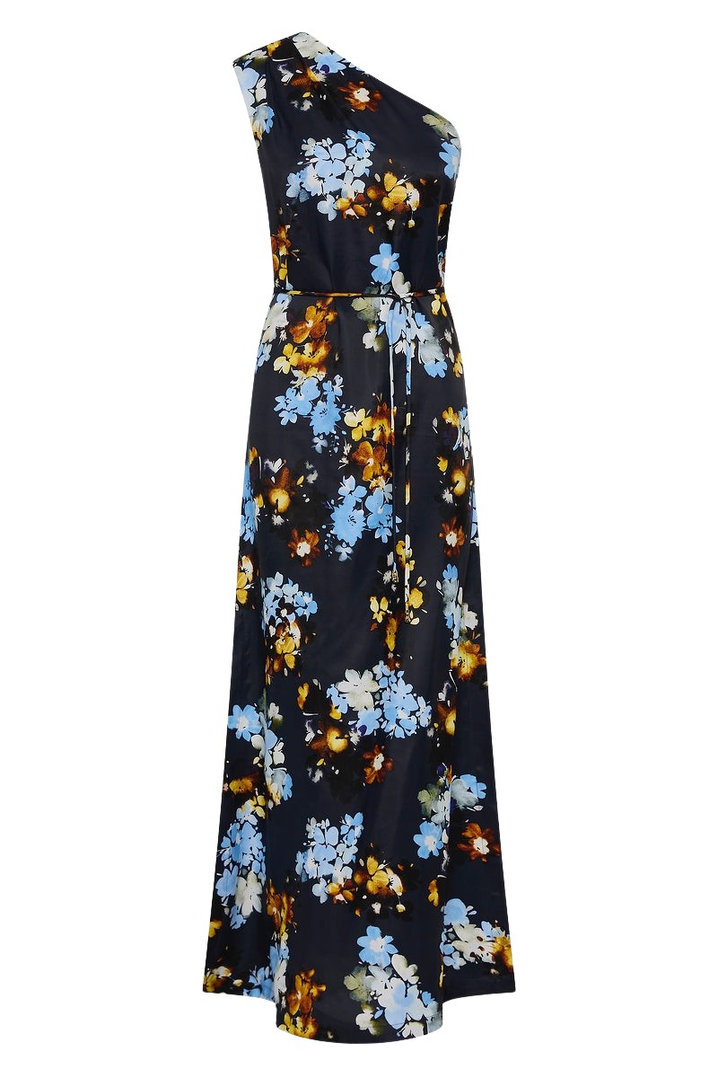 Carla Zampatti Midnight Botanica Viscose Twill One Shoulder Dress
