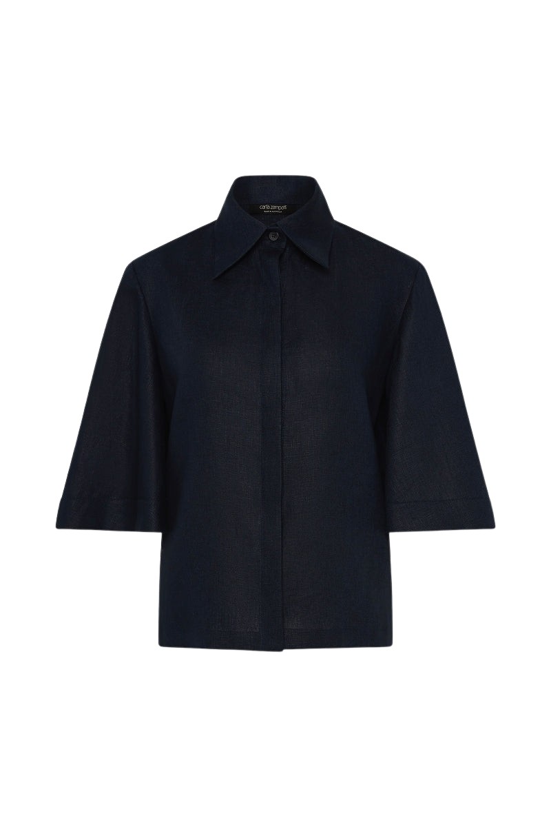 Carla-Zampatti-Navy-Linen-Short-Sleeve-Shirt14255_nobg Carla Zampatti Tops