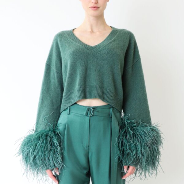 LaPointe Cashmere Cropped V Neck Sweater With Feathers, view 2