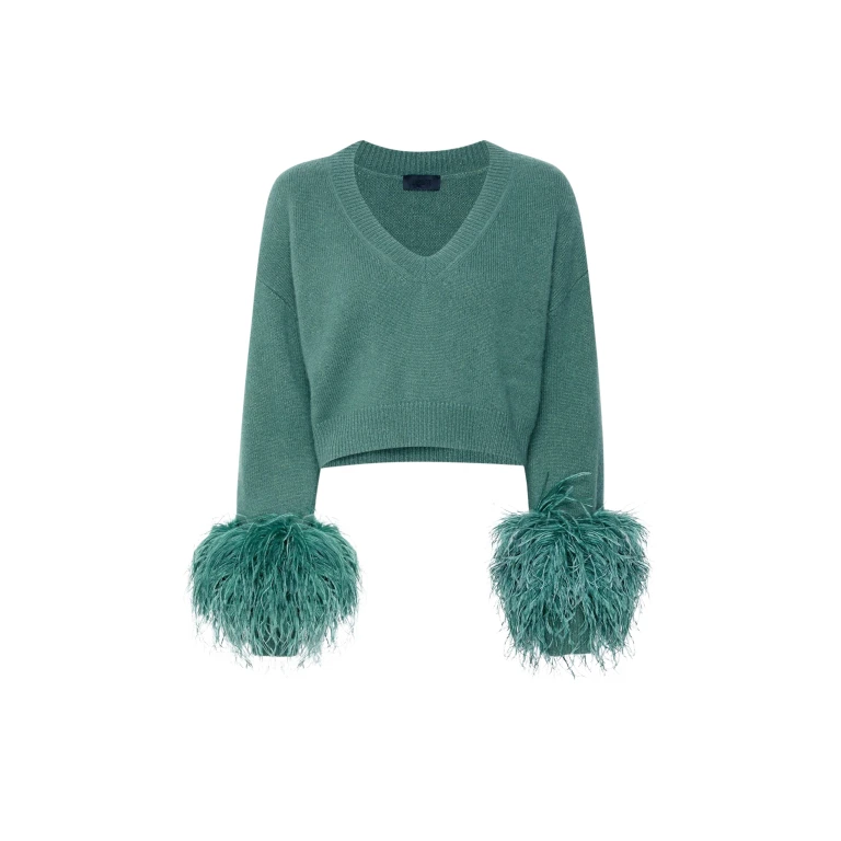 Lapointe Cashmere Cropped V Neck Sweater With Feathers