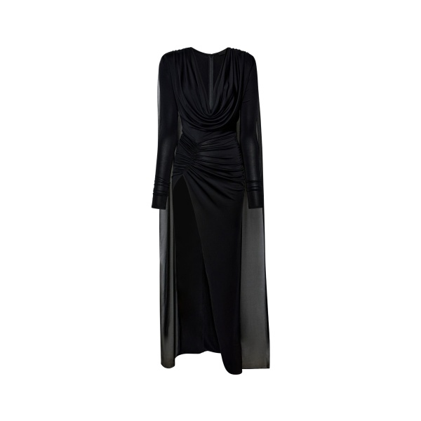 Lapointe Jersey Cowl Neck Slit Gown With Georgette Cape