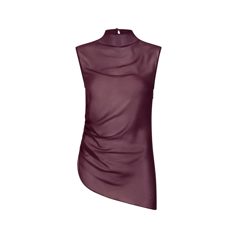 Lapointe Lightweight Georgette Mock Neck Ruched Top