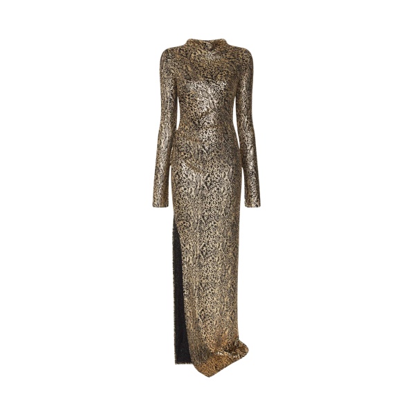 Lapointe Metallic Snake Jersey Long Sleeve Ruched Gown