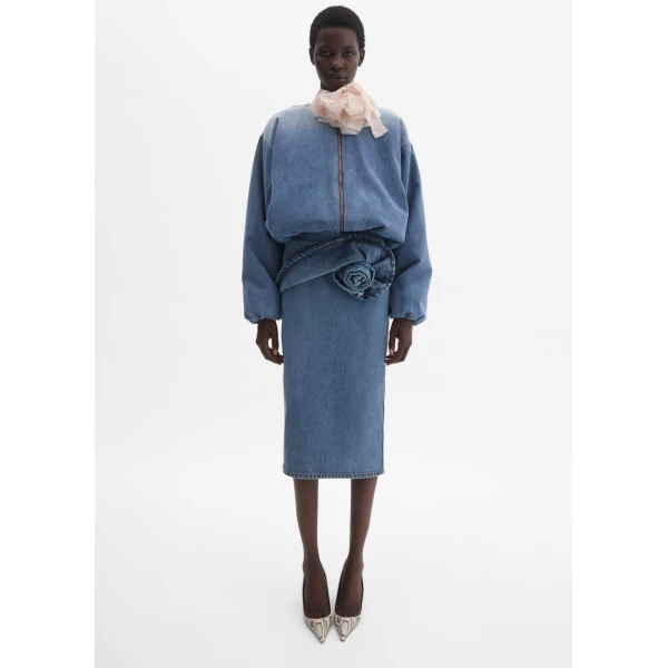 Magda Butrym Rose-Detail Denim Midi Skirt In Dark Blue