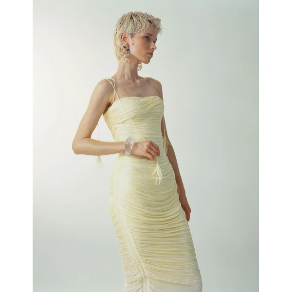 Marmar Halim Beatriz - Strapless Pleated Silk Gown With Corset And Fringe Straps Gowns