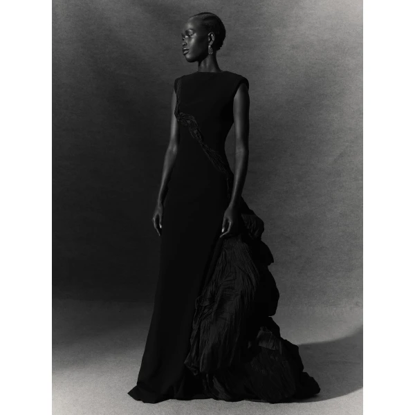 Marmar Halim Black Crepe Dress With Hand Crushed Tafeta Puff Dresses