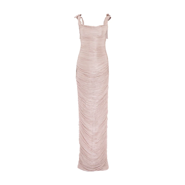 Marmar Halim Hand Pleated Draped Satin-Like Gown With Bow Straps Gowns