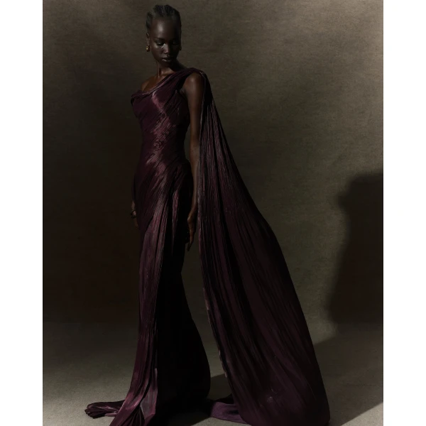 Marmar Halim Hand Pleated Draped Satin-Like Gown With One Shoulder Cape Gowns