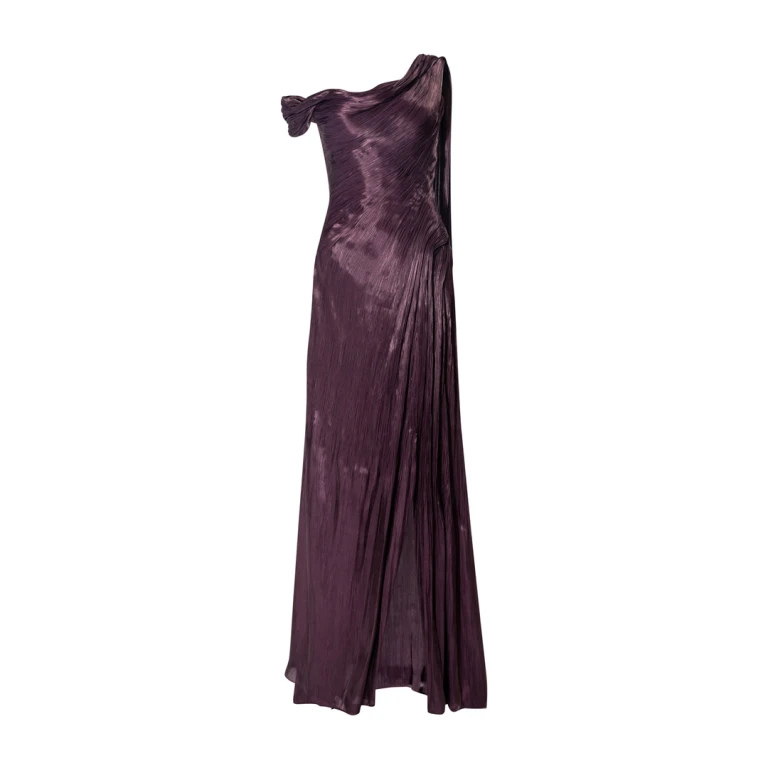 Marmar Halim Hand Pleated Draped Satin-Like Gown With One Shoulder Cape Gowns